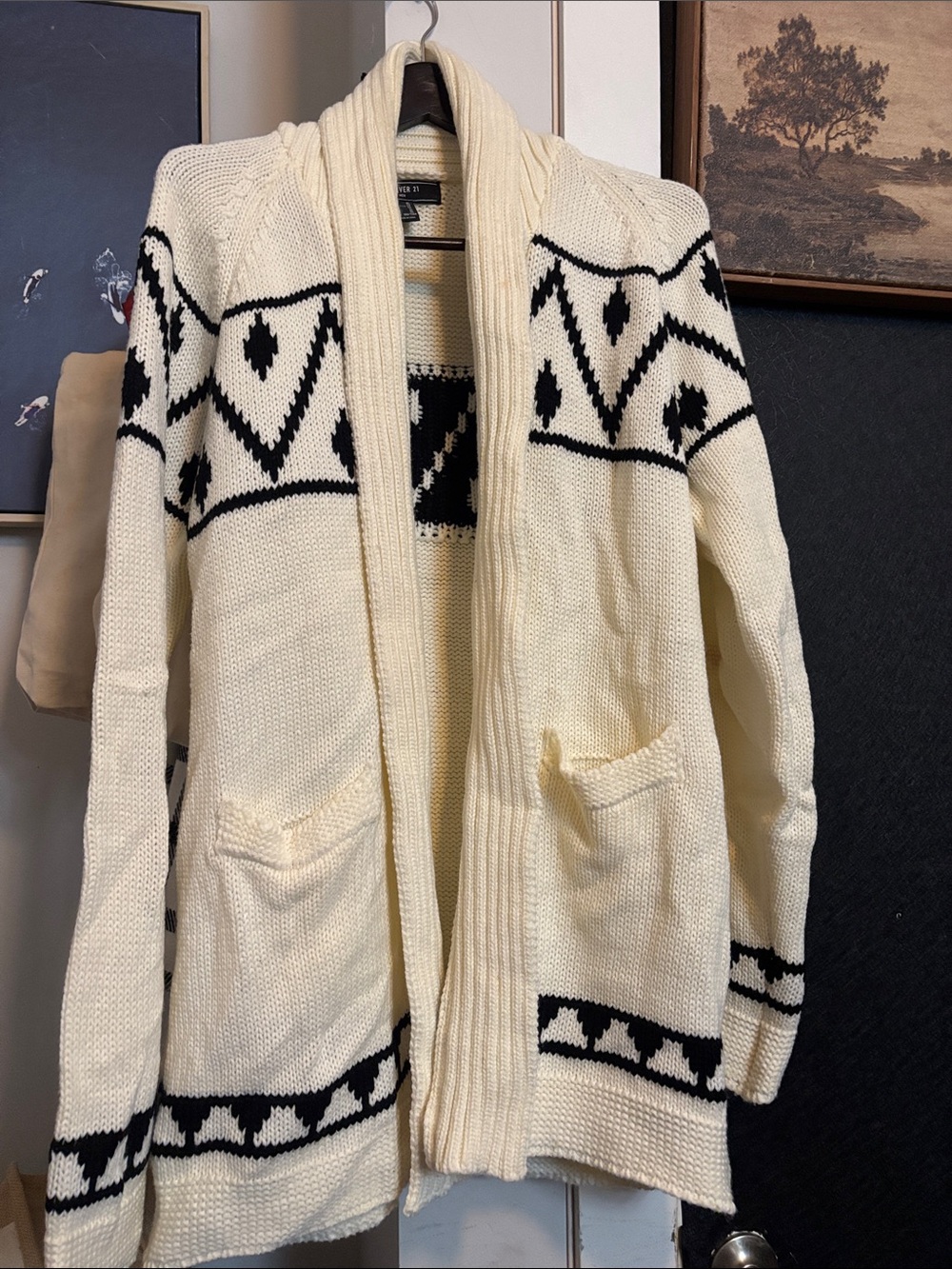 Forever 21 Cream & Black Geometric Open-Front Cardigan
